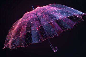 Futuristic Umbrella Isolated on Black Background with Low Poly Wireframe Illustration and Blue-Purple Color Scheme for Technology Theme - obrazy, fototapety, plakaty