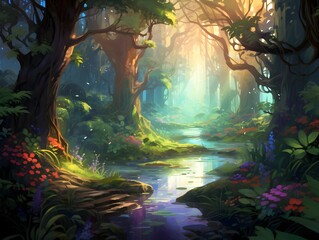 Fantasy landscape with fantasy forest and pond, 3d render illustration