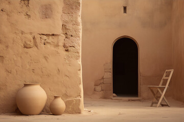 An adobe house with two clay pots and a wooden chair in the foreground