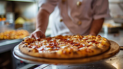 A man standing at a pizza station, adding various toppings onto a raw pizza crust.