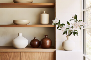 Still life of ceramic vases and bowl with cream and brown color palette on wood shelves against white wall in natural light with minimalist style