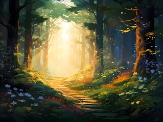 Fantasy forest landscape with sunbeams. 3D illustration.