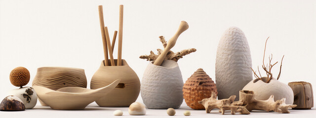 Still life of various organic and wooden objects in neutral colors with a focus on texture and form. - obrazy, fototapety, plakaty