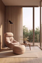 Minimalist living room interior with a large pink armchair and a small table with a vase of flowers by the window