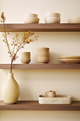 Still life photography of ceramic vases and bowls in neutral colors arranged on minimal wooden shelves against a beige background in a modern interior space.