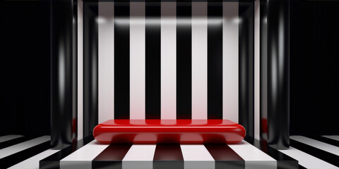 Black and white striped room interior with red oval podium, 3d rendering. Minimalist geometric background, surreal interior design.