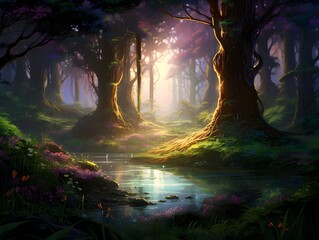 Fantasy forest with a pond and a tree, 3d illustration