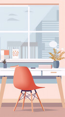 Fototapeta premium A minimalist home office with a large window, a desk, a chair, and a few plants in the interior design style with a flat color palette