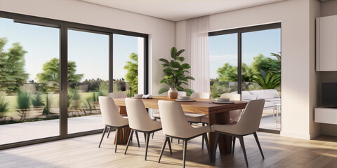 Fototapeta premium Minimalist interior design with large windows and a wooden dining table with a plant in the center