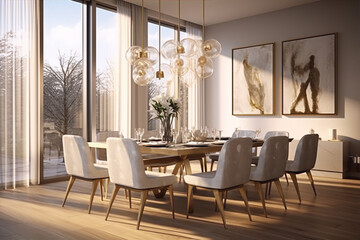 Luxury modern dining room interior with white walls and large windows with a view of the winter landscape, furnished with a wooden table and chairs, decorated with stylish paintings and chandeliers.