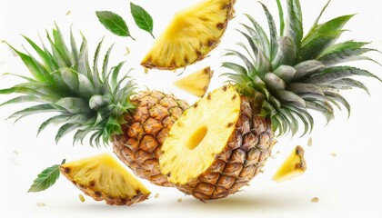 Flying in air fresh sliced ripe Pineapple and leaves isolated on white background. 