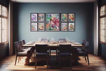 Fototapeta premium vibrant eclectic maximalist still life painting of a hummingbird in a lush garden with pink blue and green colors in a blue art deco dining room
