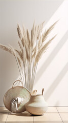 Pampas grass and straw hat and basket in sunlight on beige background, 3d render, interior design, boho style