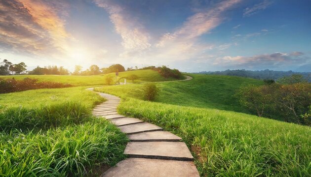 Scenic winding path through a field of green grass in the morning. Beautiful natural image. 