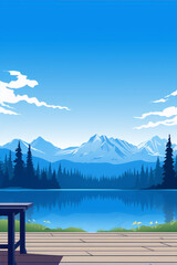 Digital painting of blue lake and snowcapped mountains in the distance surrounded by green pine trees with a wooden dock in the foreground.