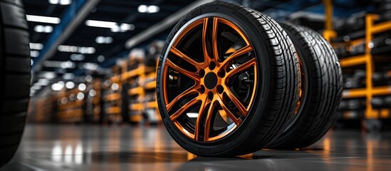 Car wheel in warehouse. Auto service industry - Powered by Adobe