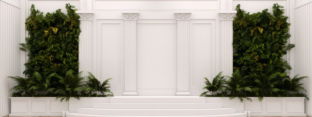 Luxury white interior with roman columns and green plants