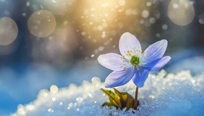 First spring forest flower, Anemone hepatica in snow close-up in sunlight with beautiful bokeh. Beautiful spring natural background. - obrazy, fototapety, plakaty