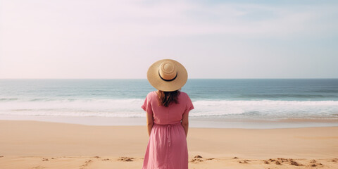 Fototapeta na wymiar Young woman in hat and pink dress stands with her back on a deserted sandy beach and looks at the sea