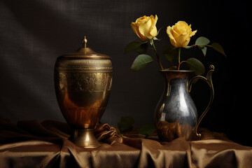 Classical still life with roses in a messing vase - obrazy, fototapety, plakaty