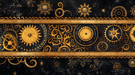 An intricate steampunk border design with metallic gold gears and flourishes on a black background.