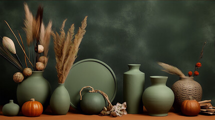 Still life with green ceramic vases and pumpkins on brown table against dark green background in Modern Interior Design Style - obrazy, fototapety, plakaty