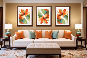 Triptych of abstract floral paintings in orange and green hues, with a mid-century modern style, suitable for a contemporary interior.