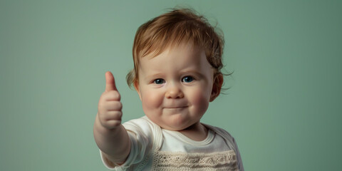 Adorable baby toddler showing thumb up. Green background. High quality photo