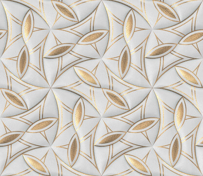 White leather tiles with gold decor classic 3d wallpaper