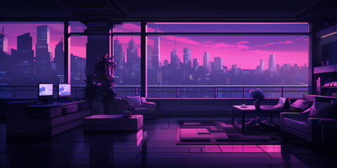 A digital painting of a living room with a large window looking out over a city at night. The room is decorated in a modern style with purple and blue colors and has a retro futurism art movement.