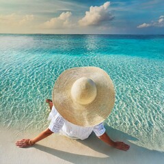 Woman in straw hat sitting on beach view from above. Summer vacation at Maldives