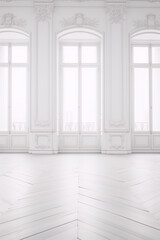 ornate white interior with herringbone parquet floor in rococo style