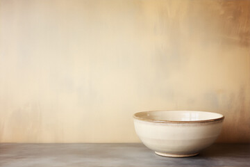 Still life photography of a ceramic bowl on a concrete table against a beige background in a minimalist style
