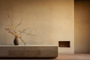 An image of a minimalist interior space with a vase of flowers on a bench in front of a fireplace.