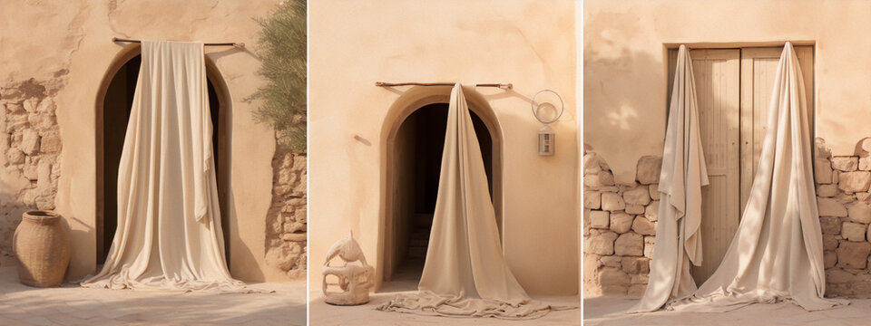 Three photos of a beige curtain in front of a doorway with stone walls and a clay floor in a rustic, minimal style.