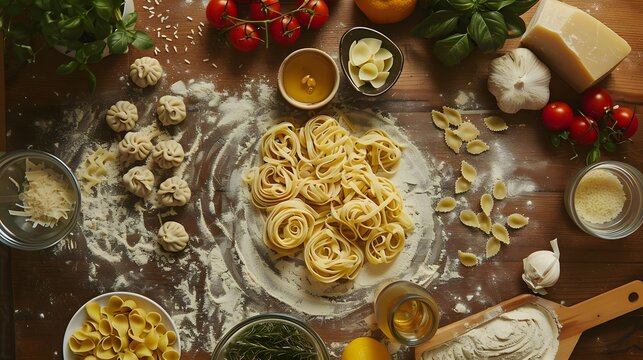 Directly above shot of uncooked pasta with ingredients on table