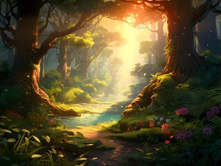 Fantasy landscape with forest and river. Digital painting. Vector illustration.