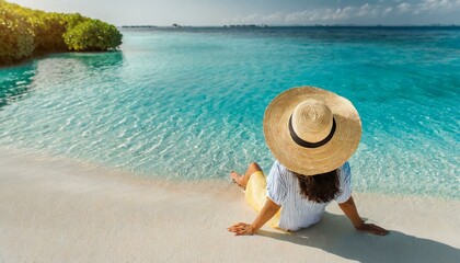 Fototapeta na wymiar Woman in straw hat sitting on beach view from above. Summer vacation at Maldives 