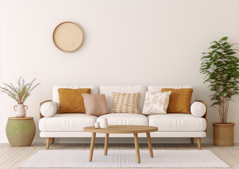 Scandinavian living room interior with white sofa, coffee table, rug, plant, and boho accessories in neutral colors