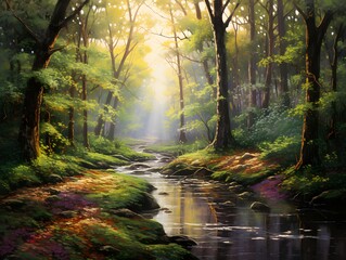 Beautiful landscape image of a forest river flowing through the woods at sunset