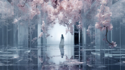 Woman in white dress walking in a mirrored corridor with pink flowers