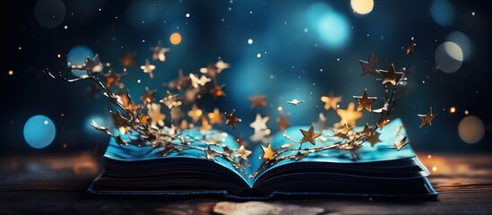 Open book with flying stars on blue background