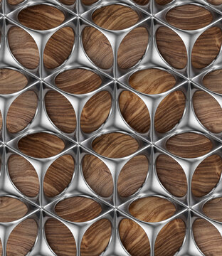 Perforated solid matt gold construction on wooden background