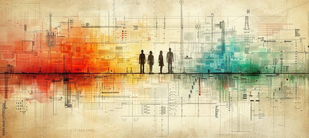 Poster industrial engineers constructing machinery and structures in a manufacturing environment