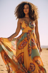 A beautiful, gorgeous, stunning African American woman wearing a colorful maxi sundress