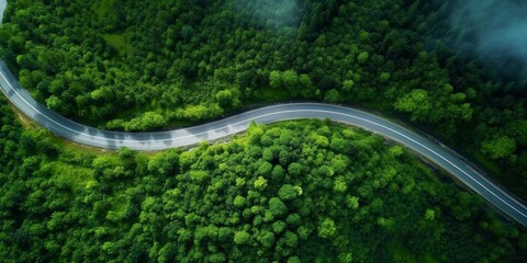 highway in the middle of the forest, bird's eye view Generative AI - obrazy, fototapety, plakaty