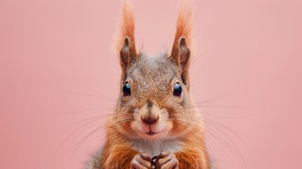 A squirrel on a pastel pink background