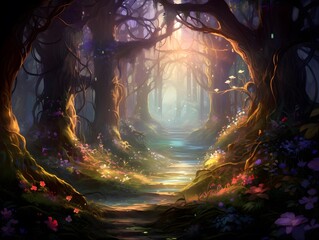 Mystical forest with fog. 3d illustration. Halloween concept