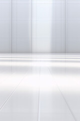 3D rendering of an empty white room with tiled walls and floor in minimalist style