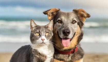 Dog taking selfie with his cat friend at the beach 